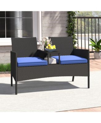 Patio Loveseat with Built-in Table Soft Cushions and Tempered Glass Tabletop