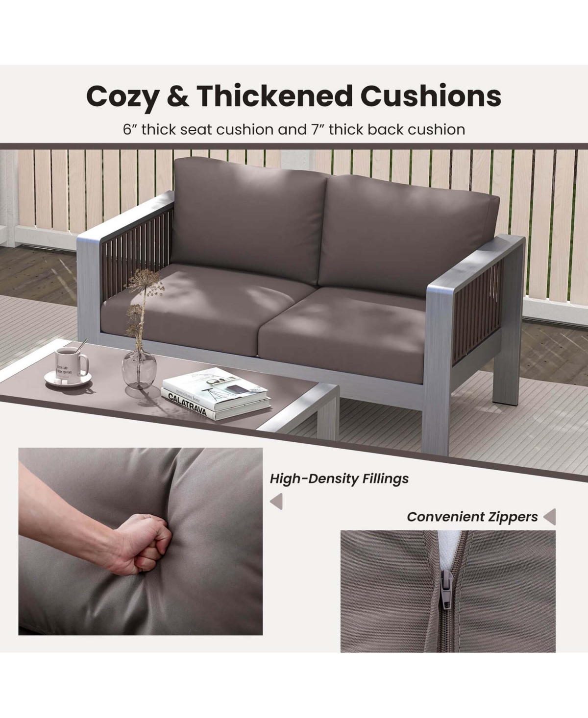 Gymax Patio Aluminum Loveseat Sofa Modern Outdoor Furniture with Thick Back and Seat Cushions