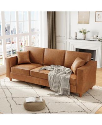 85 Inches 3-Seater Sofa Couch with 2 Throw Pillows, Faux Leather Couch with Wide Armrests, Wood Legs, Deep Seats, Back Cushion