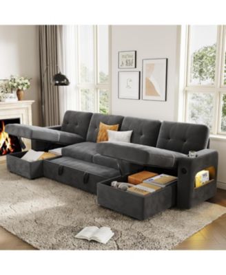 Modular Sofa with Storage, 107" Sleeper Sofa Bed Sectional Cloud Couch, U-Shaped Velvet Fabric Couch with USB Charging and Cup Holder