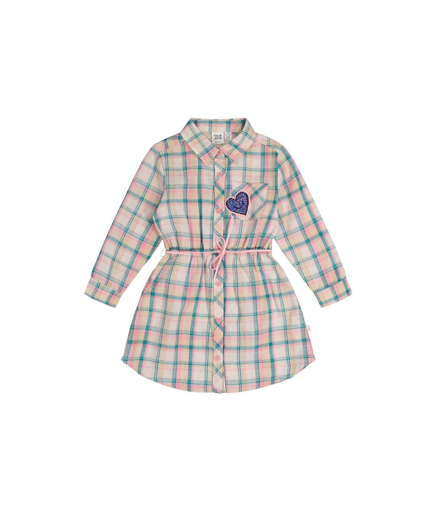Платье Deux par Deux Shirt Dress with Belt для девочек, цвет: Зелёный / Розовый — фото 1
