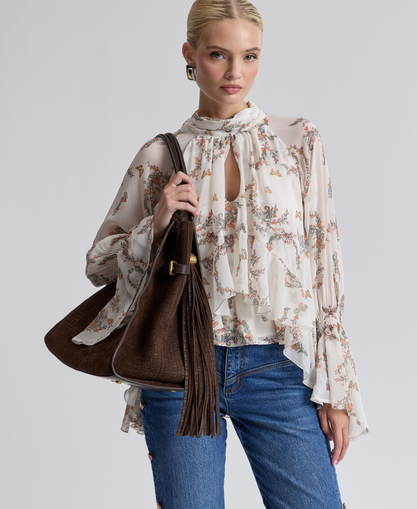 Женский топ Avec Les Filles Floral High-Neck Puff-Sleeve Top, цвет: Кремовый — фото 7