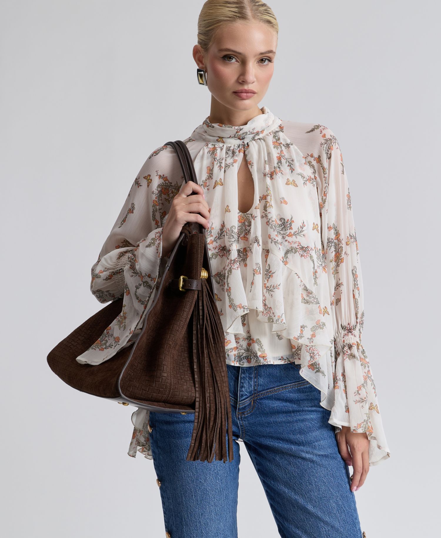 Women's Floral High-Neck Puff-Sleeve Top