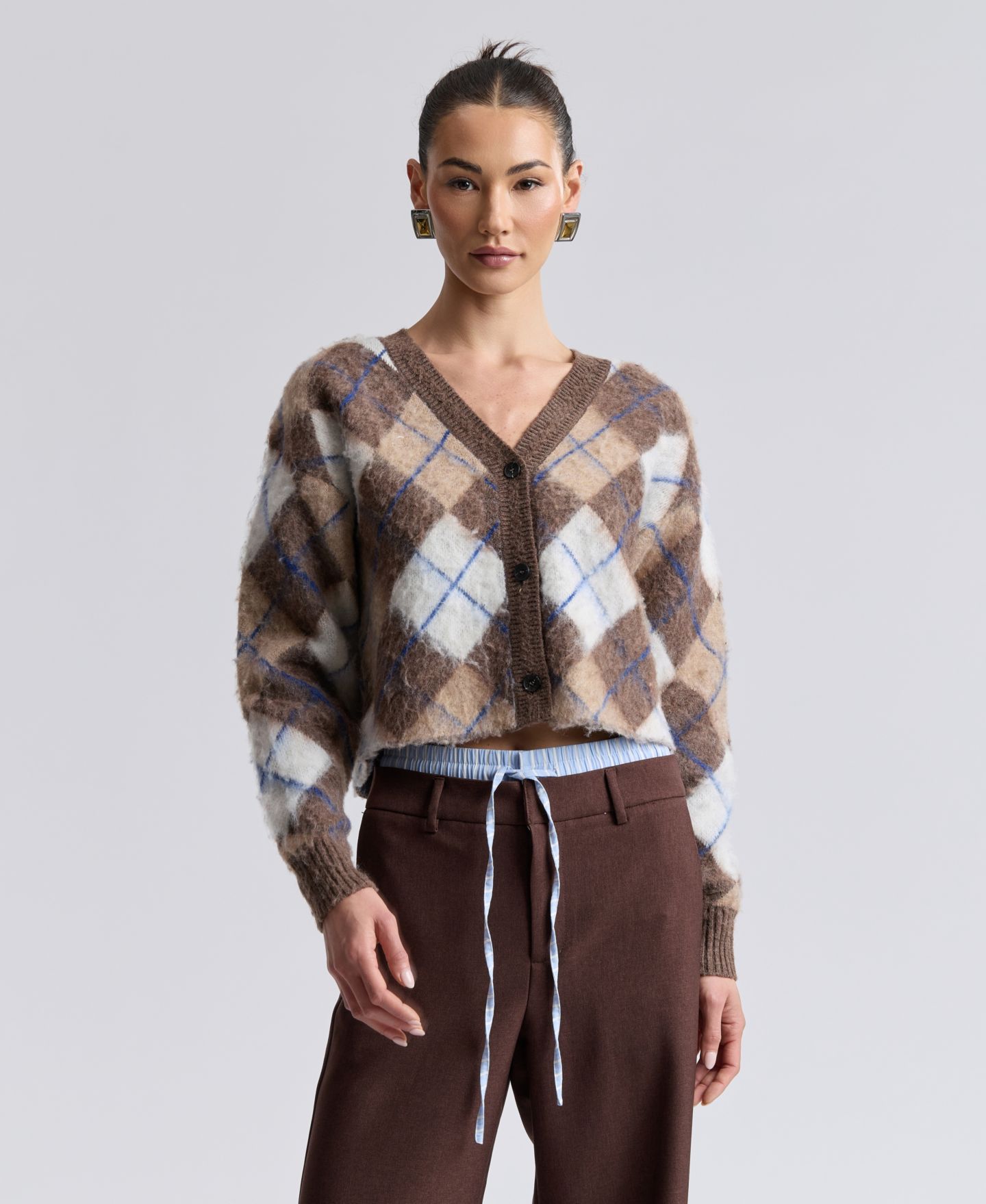 Женский кардиган Avec Les Filles Argyle Jacquard, цвет: Коричневый с ромбами — фото 10