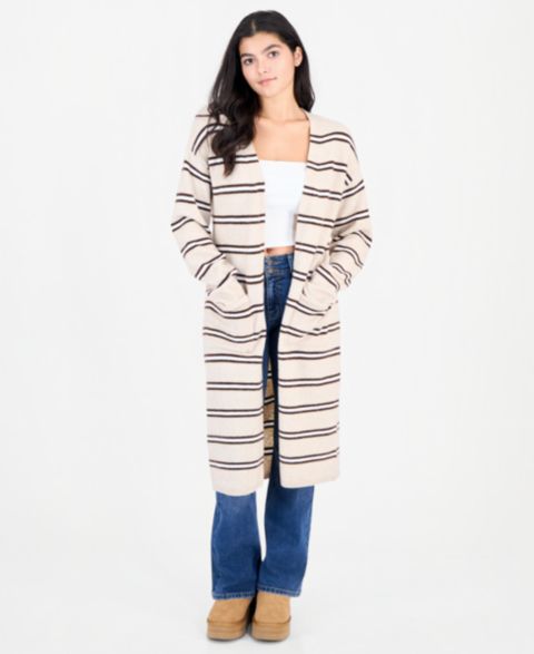 Женский кардиган Madden Girl Juniors' Striped Open-Front Duster, цвет: Овсяное молоко комбинированный