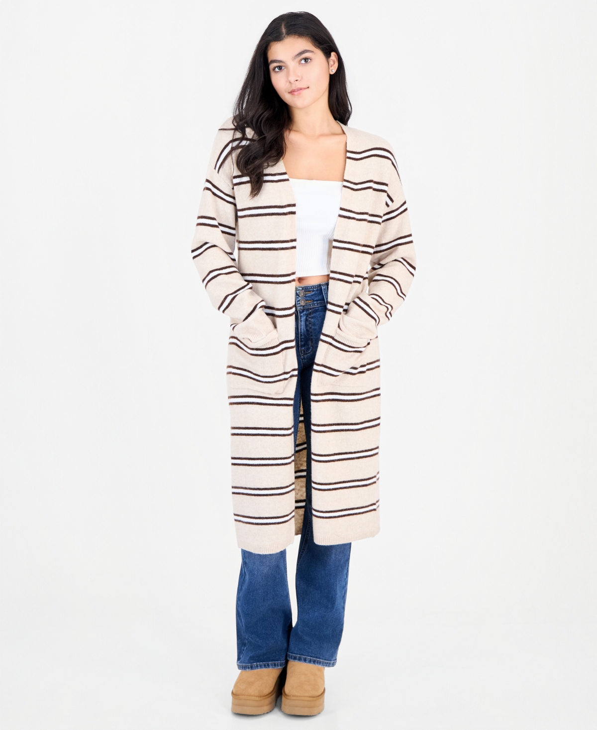Madden Girl Juniors' Striped Open-Front Duster Cardigan