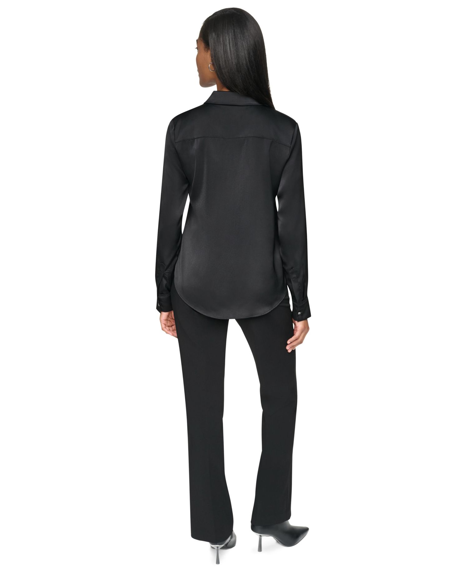 Petite Satin Front-Button Long-Sleeve Top