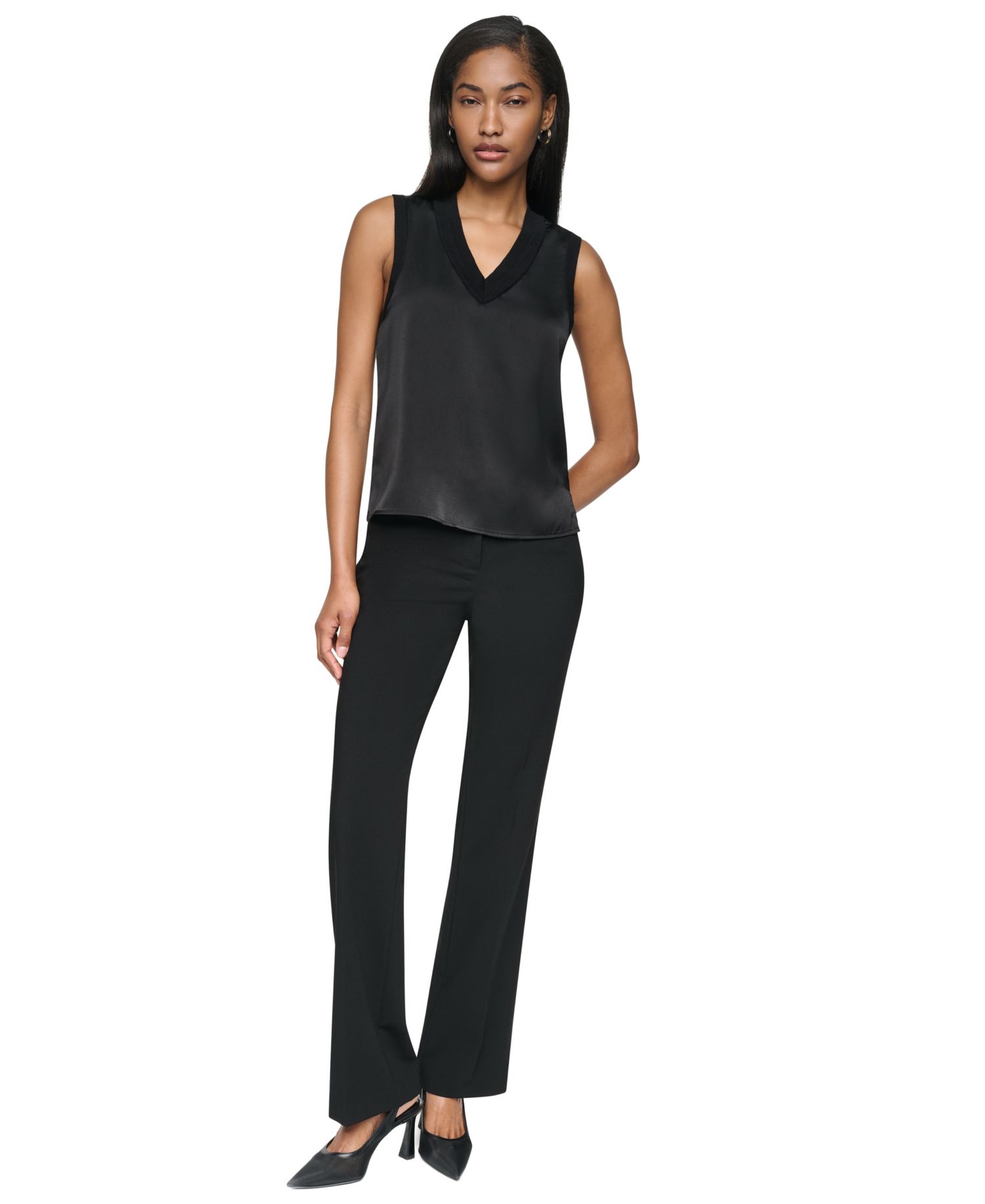 Petite Mix Media V-Neck Sleeveless Pull-On Top