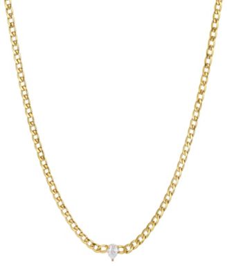 Tarnish Resistant Gold Cubic Zirconia Center Flat Curb Chain Necklace