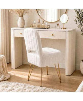 Vanity Stool Chair with Backrest, Square Ottoman with Hidden Storage Compartment, Soft Teddy Fabric, Modern Style for Bedroom