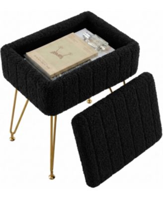 Vanity Stool with Storage, Faux Fur Ottoman with Metal Legs and Anti-Slip Feet, Soft Furry Padded Seat Foot Rest for Makeup