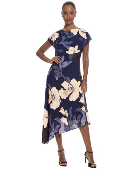 Женское платье Maggy London Asymmetrical Floral Midi, цвет: Astral Aura/Marlin