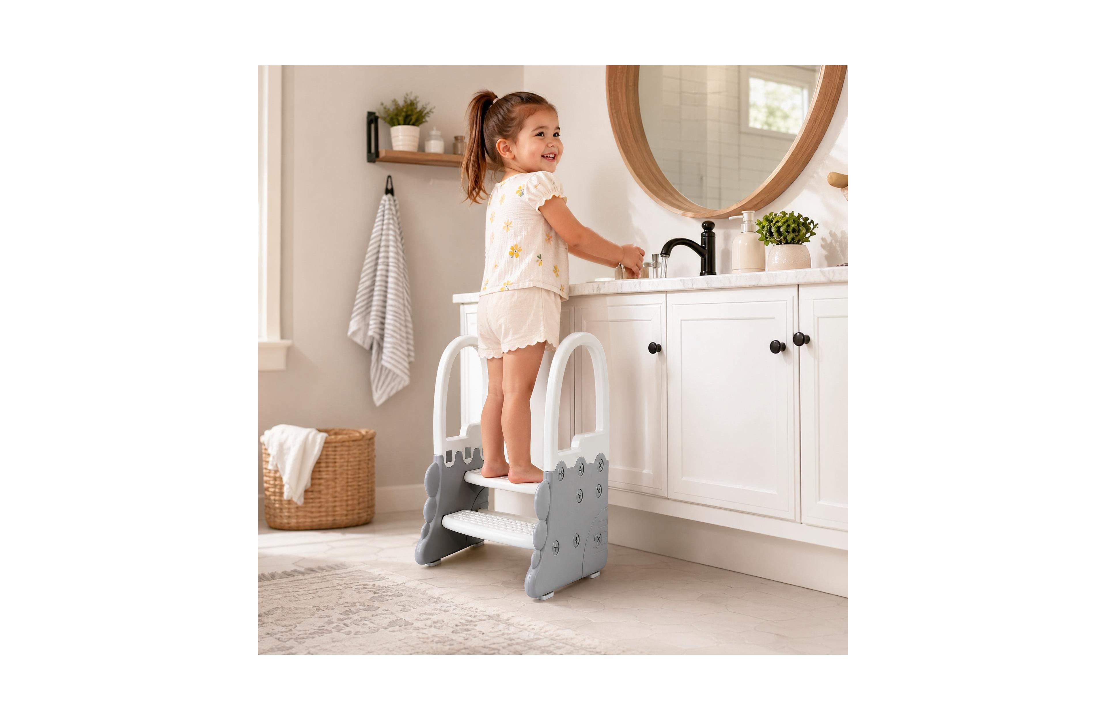 homfan Non-Slip Handles and Stable Design 2-Step Toddler Step Stool - Plastic Step Stool for Bathroom Basin, Kitchen Counter and Potty Training