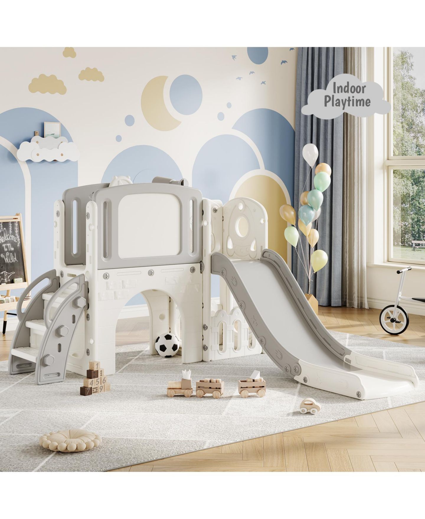 Детские игрушки homfan 8 in 1 Indoor/Outdoor Play Tunnel and Climber Set with Slide and Basketball Hoop, Ages 1-6, цвет: Серый — фото 6