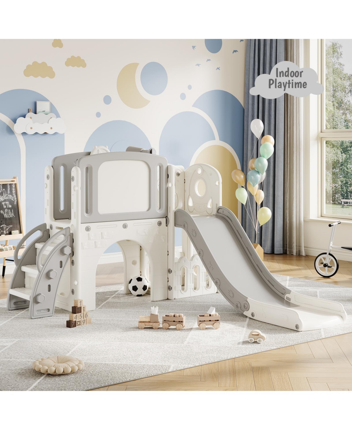 homfan 8 in 1 Toddler Play Tunnel and Climber Set, Indoor Outdoor Playground with Slide and Basketball Hoop for Kids