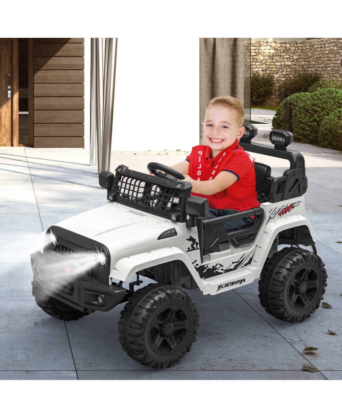 homfan 40.2 x 22.8 x 11.8 Inches Kids Electric Ride On Car 12V Battery Powered Dual Drive Toy Car with Led Lights Music Horn for Outdoor Play - White