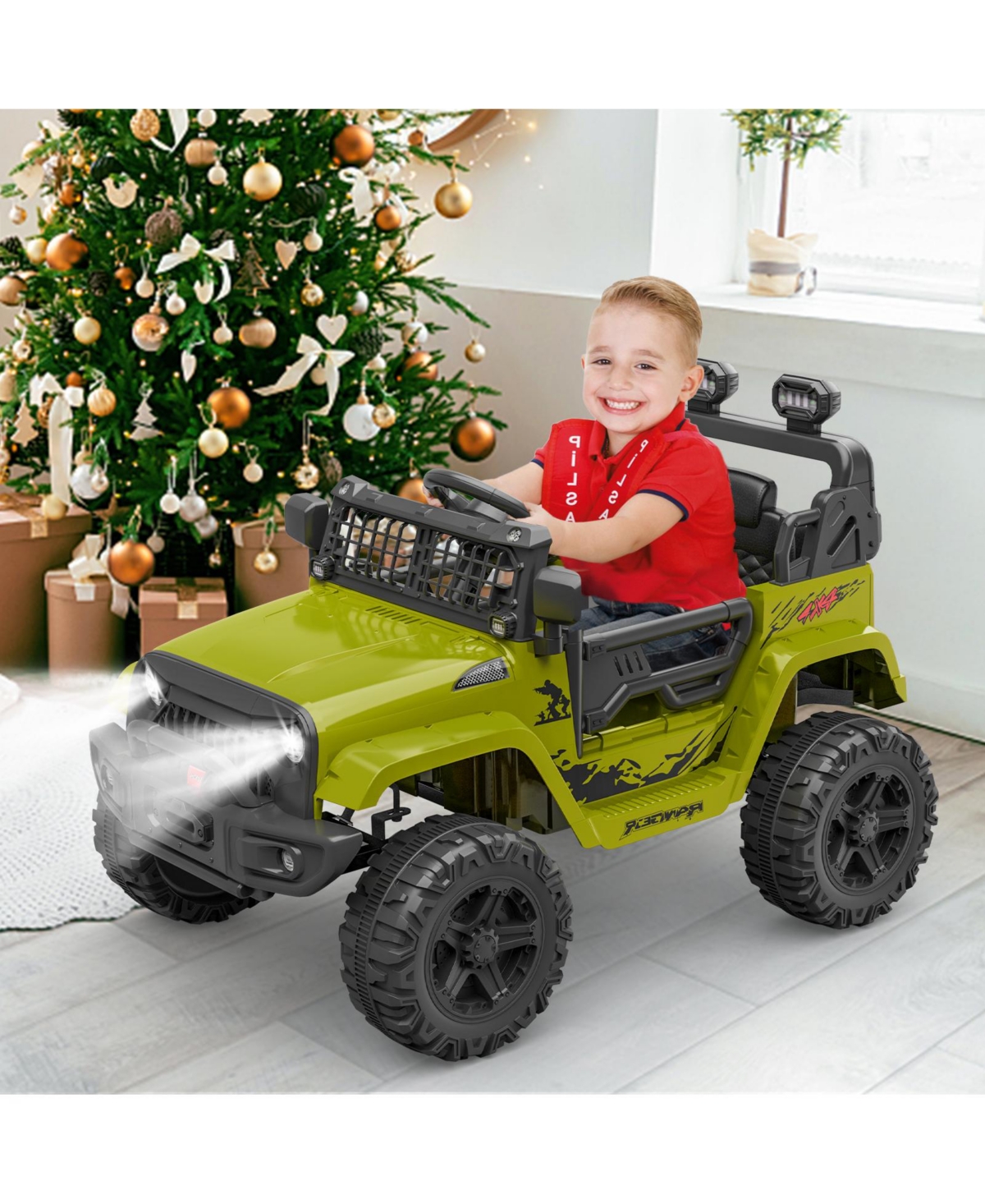 homfan 40.2 x 22.8 x 11.8 Inches Kids Electric Ride On Car 12V Battery Powered Dual Drive Toy Car with Led Lights Music Horn for Outdoor Play - Green