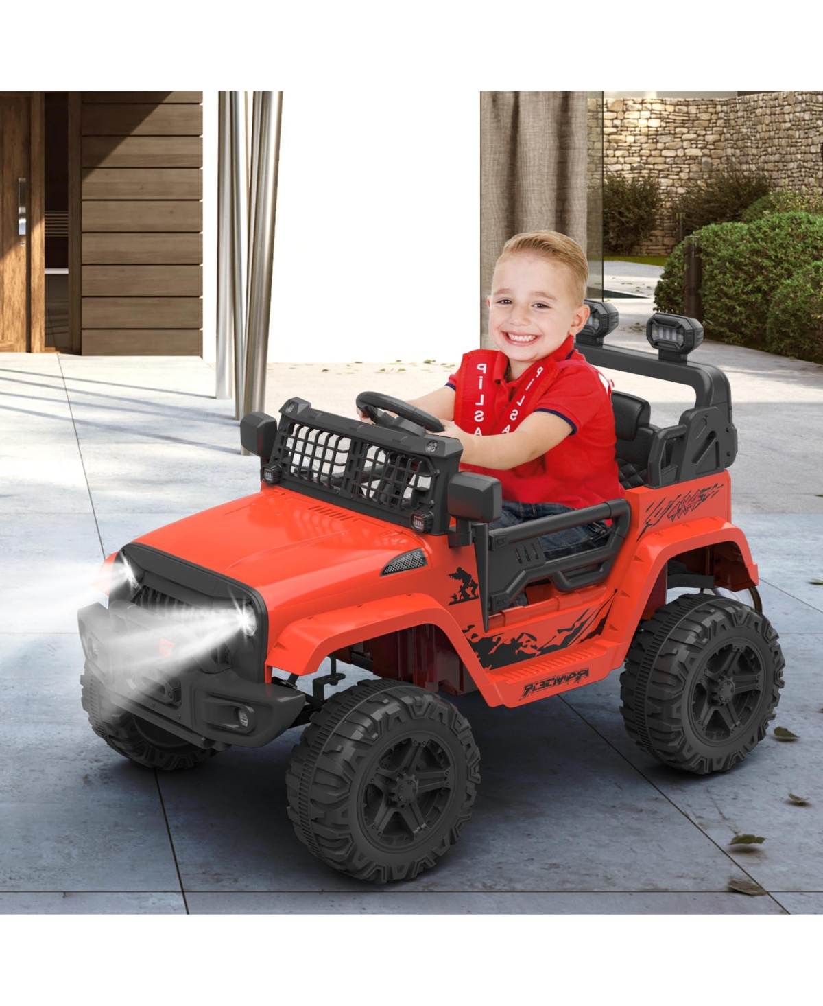 homfan 40.2 x 22.8 x 11.8 Inches Kids Electric Ride On Car 12V Battery Powered Dual Drive Toy Car with Led Lights Music Horn for Outdoor Play - Red