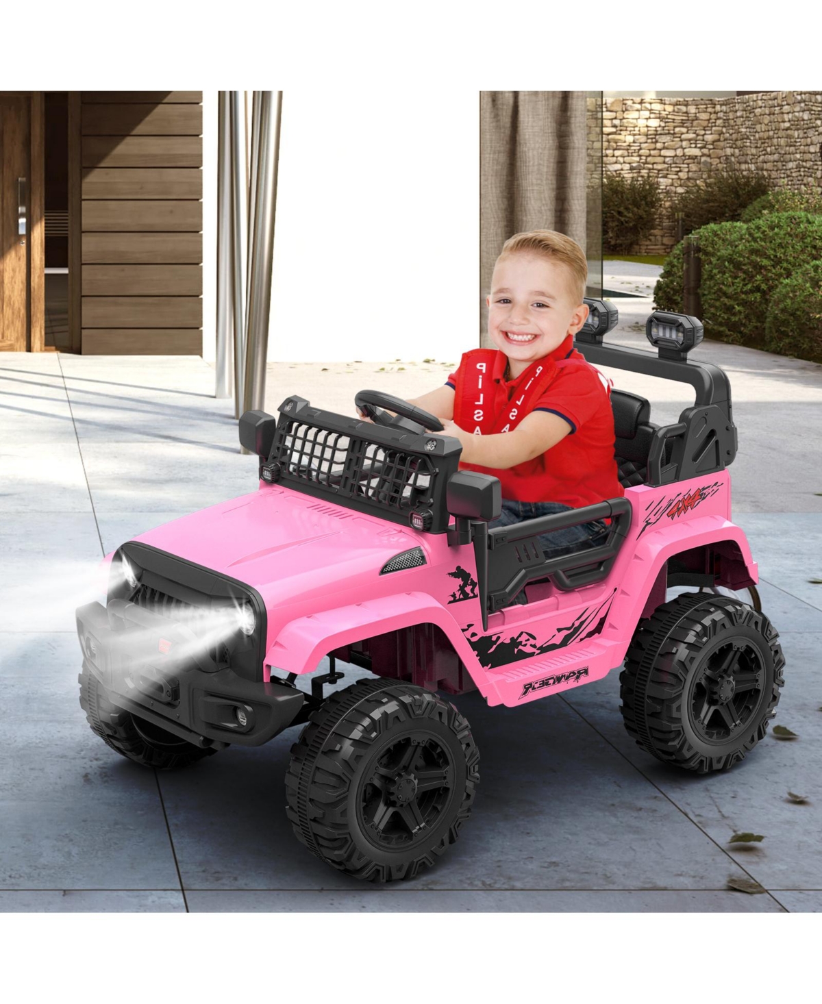 homfan 40.2 x 22.8 x 11.8 Inches Kids Electric Ride On Car 12V Battery Powered Dual Drive Toy Car with Led Lights Music Horn for Outdoor Play - Pink