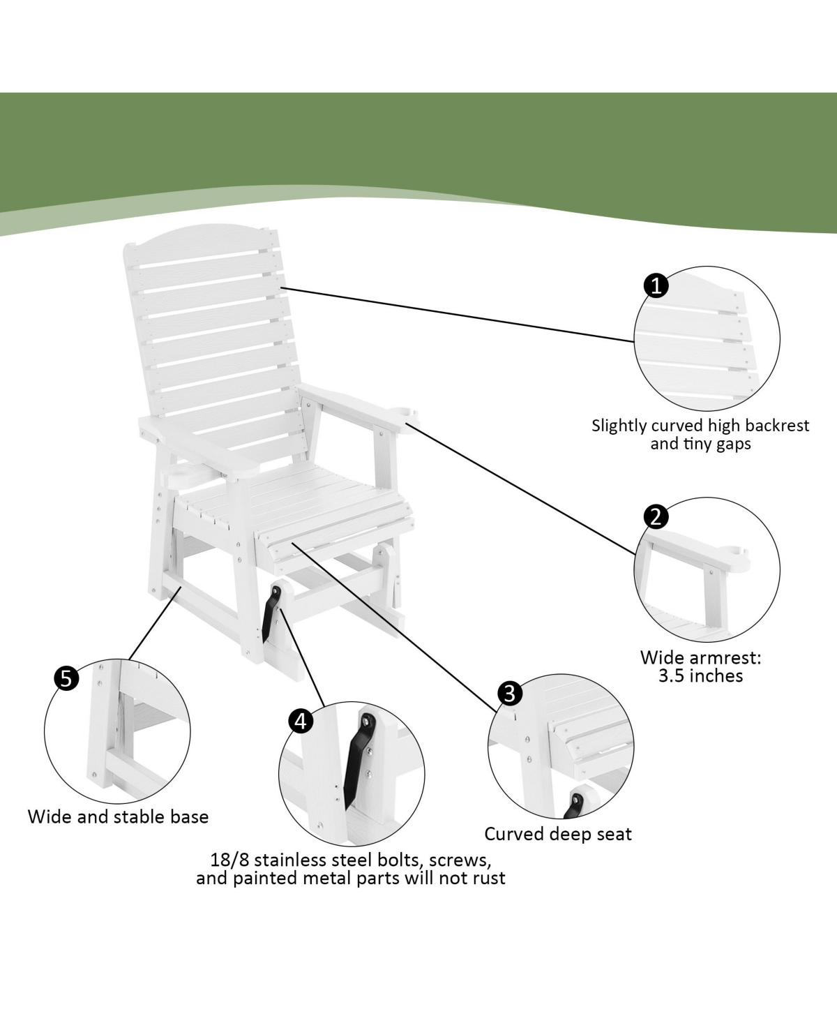 Mega Casa Poly Lumber Patio Glider for One Person, with Cup Holders, High Backrest and Deep Contoured Seat, Hips Material, All-Weather Resistant