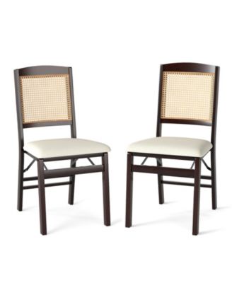 Folding Dining Chairs with Linen Padded Seat and Rattan Backrest for Kitchen