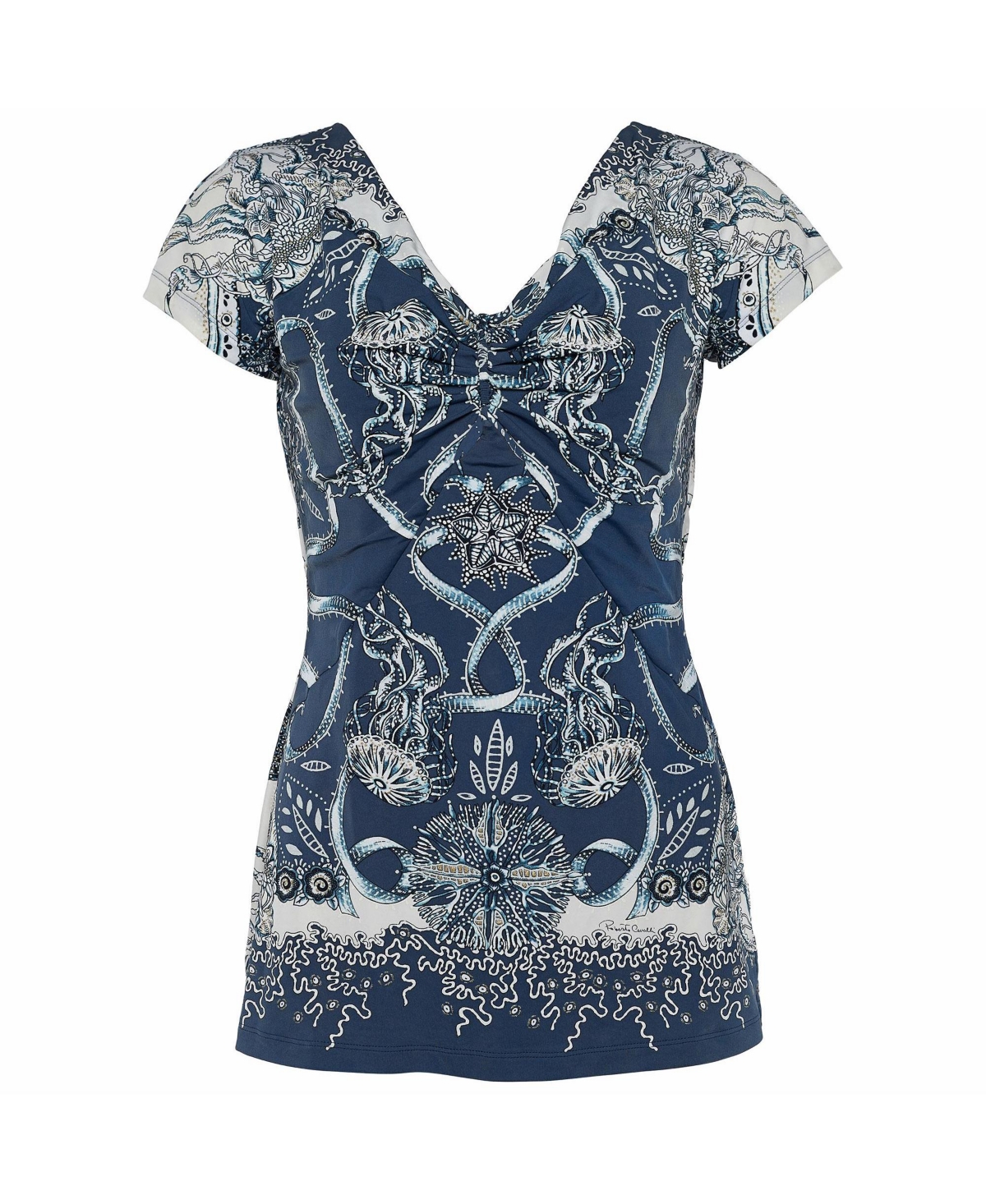 Pre-Owned Roberto Cavalli Women's Roberto Cavalli Marine Print Ruched V-Neck Top