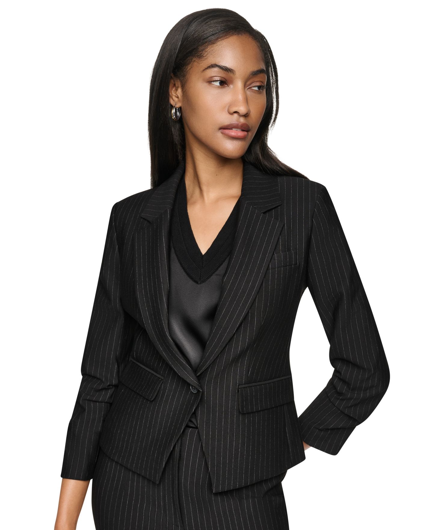 Женский пиджак DKNY Petite One-Button Notch-Collar Blazer, цвет: Чёрный — фото 1