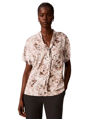 Women's Printed Flat Satin Tie-Neck Blouse