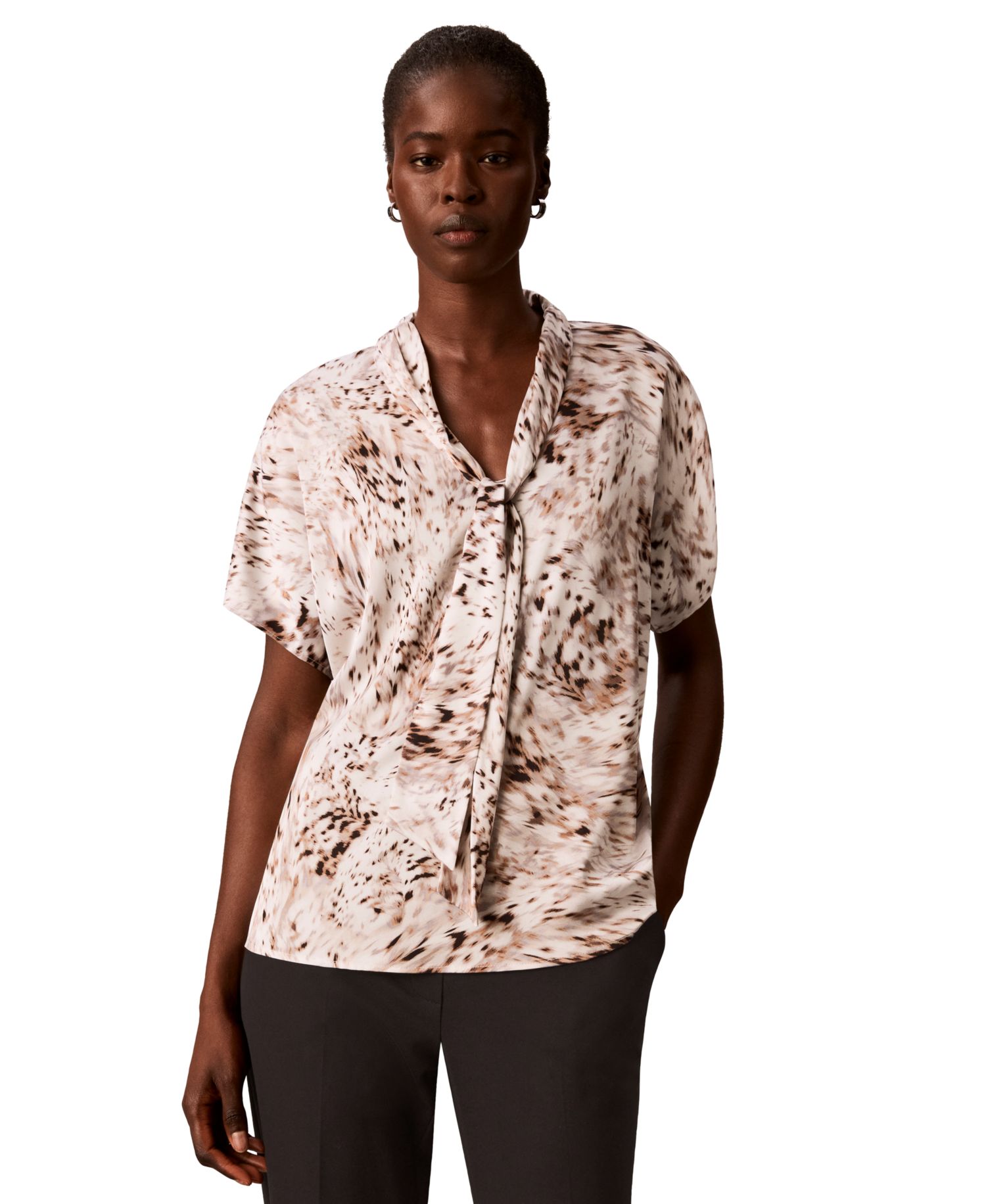 Women's Printed Flat Satin Tie-Neck Blouse