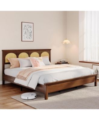 King Size Rattan Bed Frame - Boho Wooden Platform Bed with Natural Rattan Headboard, Silent Slats, No Box Spring Needed, Easy Assembly