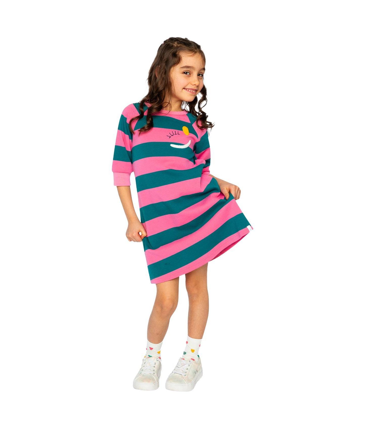 Платье Deux par Deux Engineer Stripe Dress для девочек, цвет: Розовый / Зелёный — фото 4
