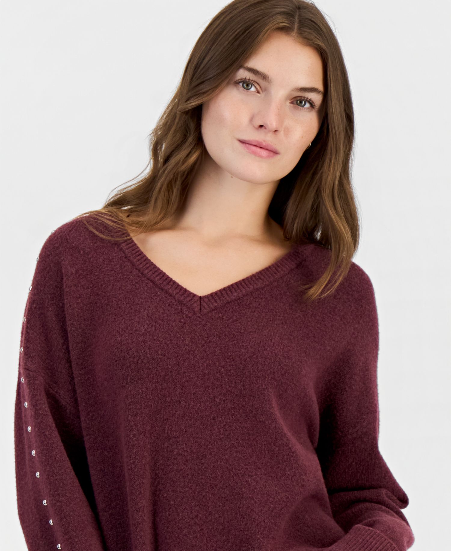 Juniors' Studded V-Neck Slouchy Sweater
