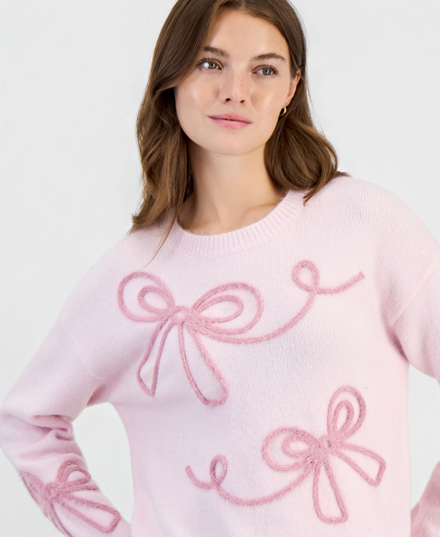 Juniors' Feather Soutache Bow Long-Sleeve Crewneck Sweater
