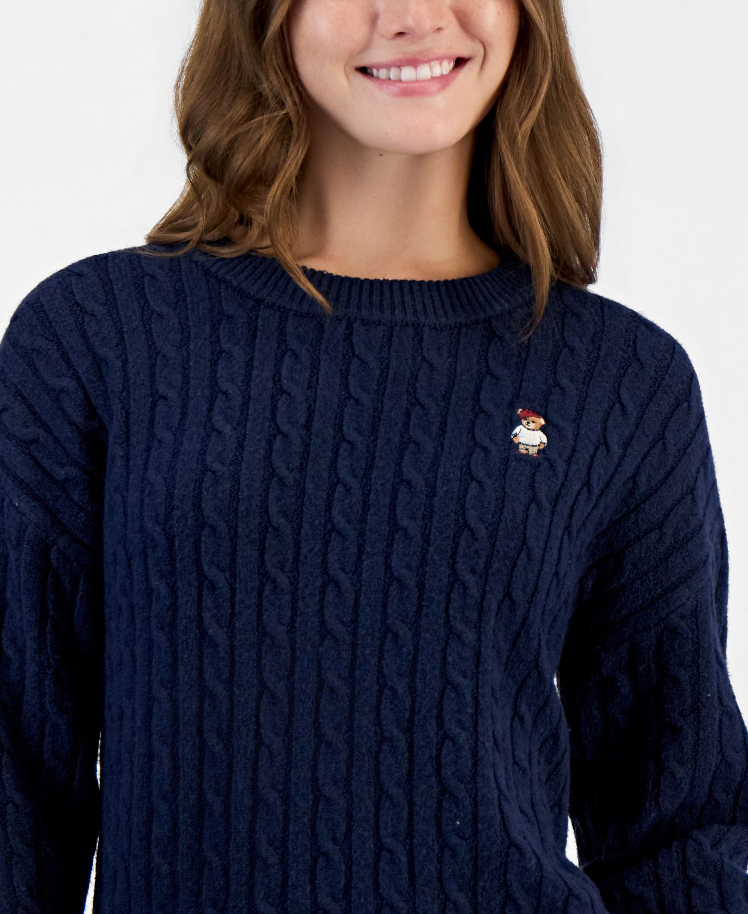 Juniors' Novelty Bear Cable-Knit Long-Sleeve Sweater