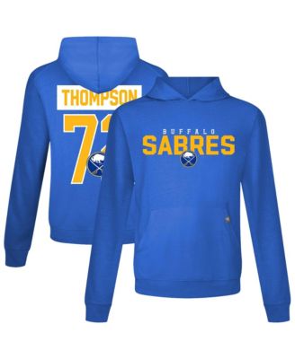 Men's Tage Thompson Royal Buffalo Sabres Relay Name & Number Long Sleeve Hooded T-Shirt