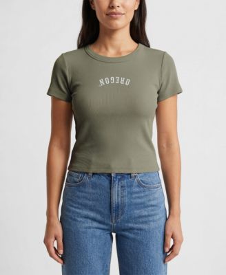 Women's Green Oregon Ducks Upside Down Embroidery Ribbed Cropped T-Shirt