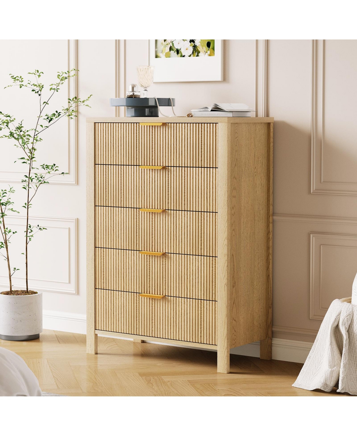 homfan Fluted Front Chest of Drawers, Multi-Drawer Wooden Storage Cabinet with Metallic Pull Handles, Freestanding Accent Organizer