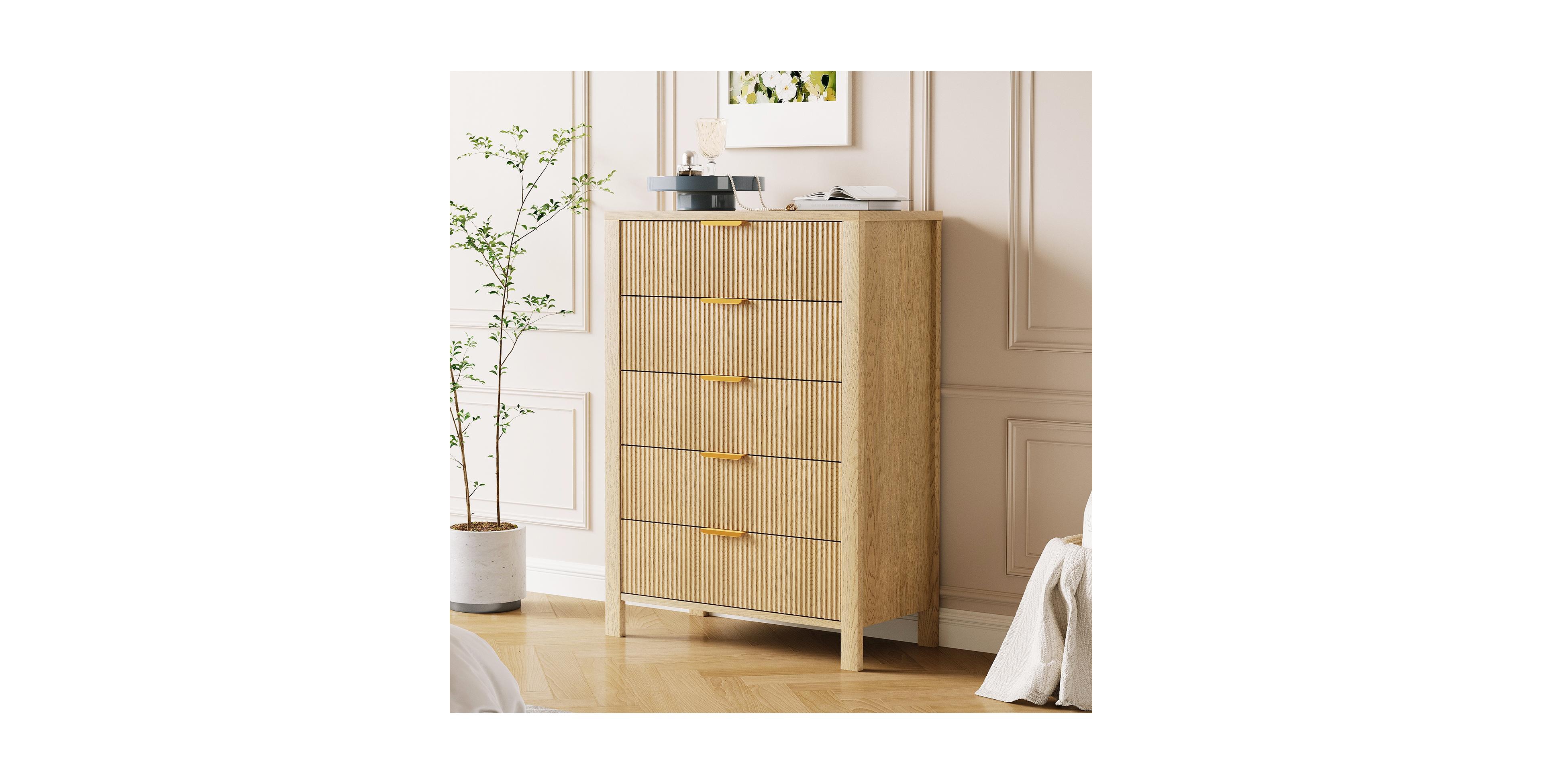 homfan Fluted Front Chest of Drawers, Multi-Drawer Wooden Storage Cabinet with Metallic Pull Handles, Freestanding Accent Organizer
