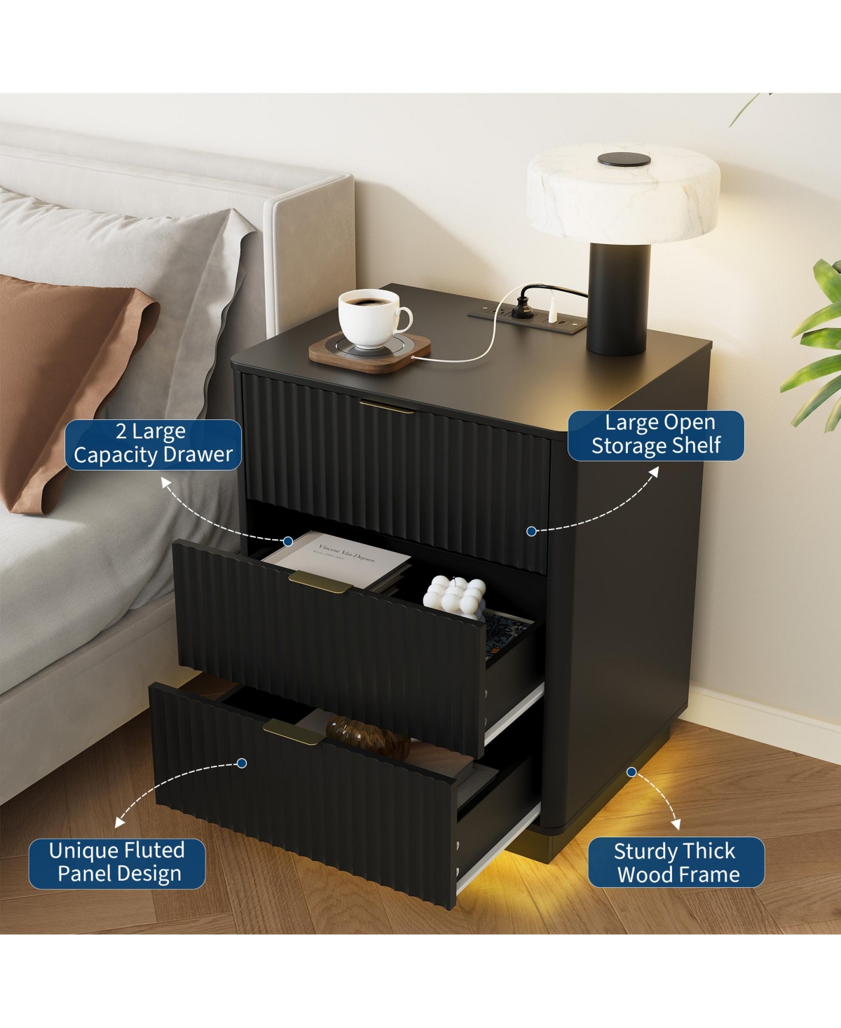homfan Fluted Nightstand Set of 2, Wooden Nightstand with Charging Station and Led Light, Modern Mid Century Bedside End Table with 3 Drawers,Bedroom