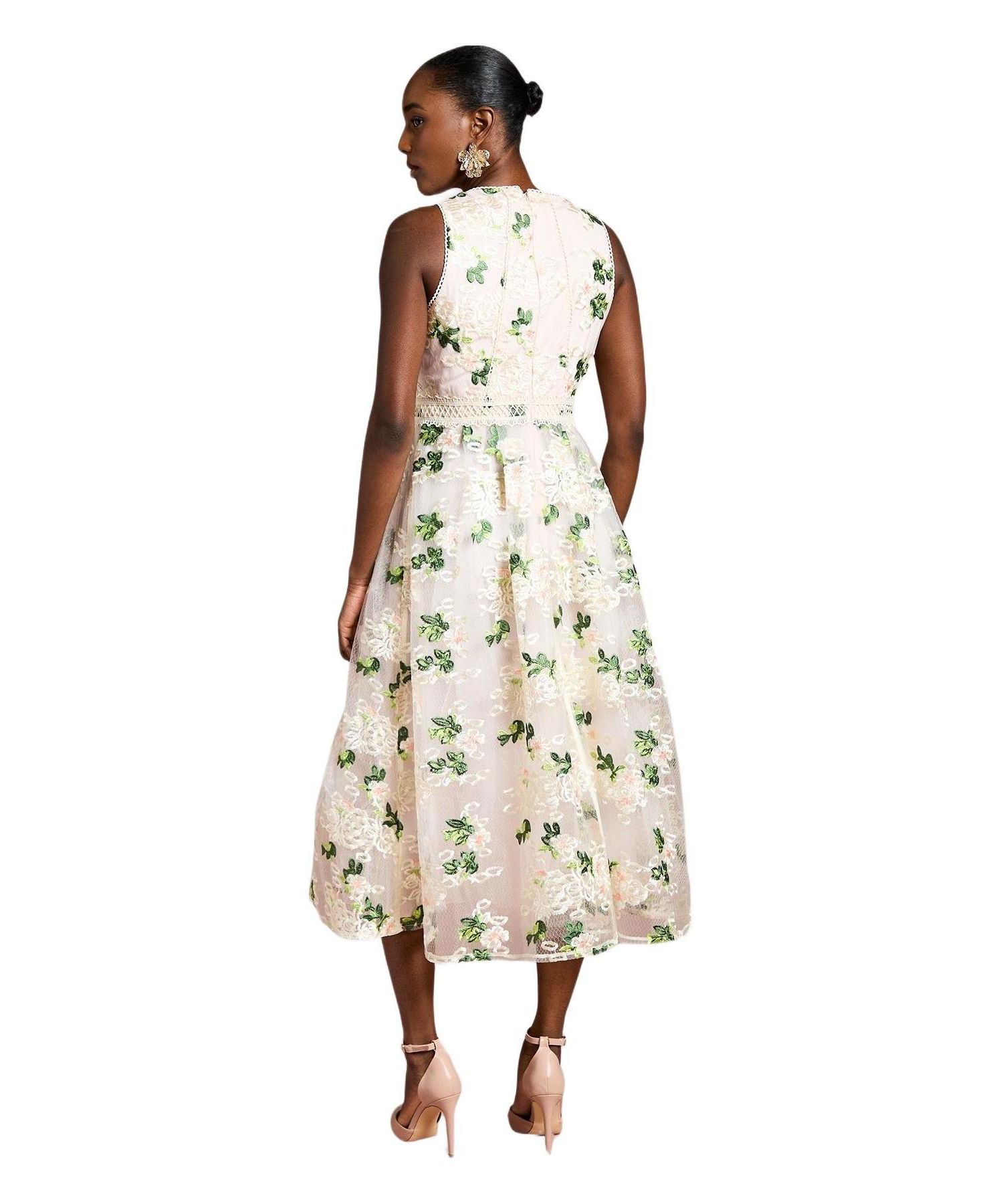 Women's Embroidered Mesh Lace Skirted Midi Dress