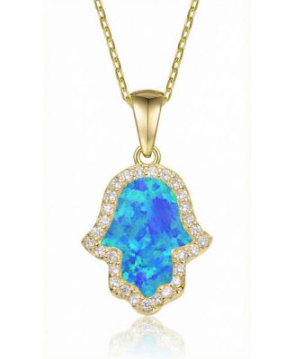 14K Gold Plated Sparkling Hamsa Opal and CZ Halo Necklace