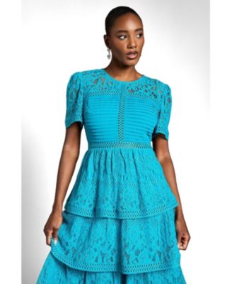 teal lace midi dress Blue Fine Lace Midi Dress  self-portrait-US