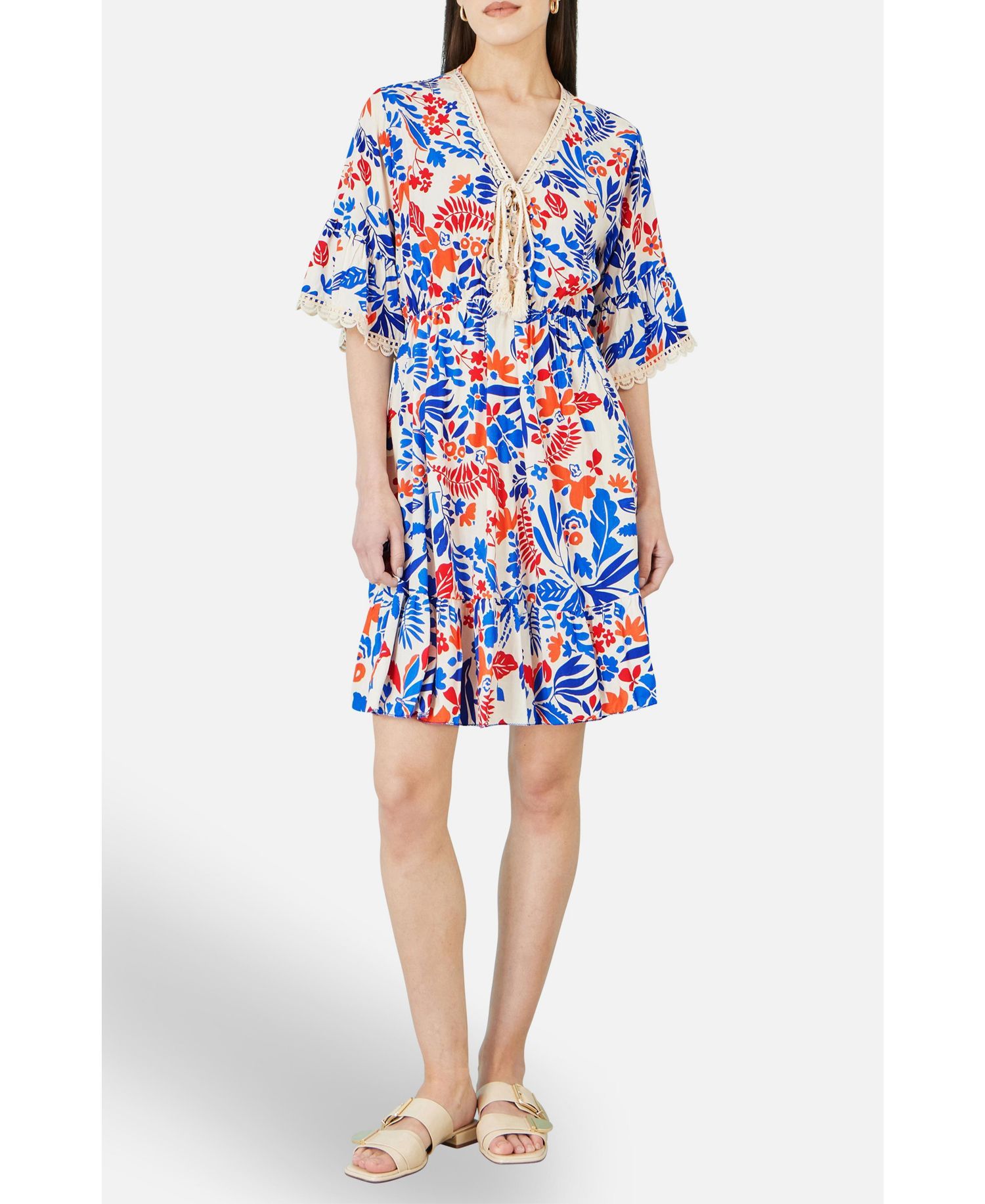 Women's Leaf Print Kimono Sleeve Tunic Dress