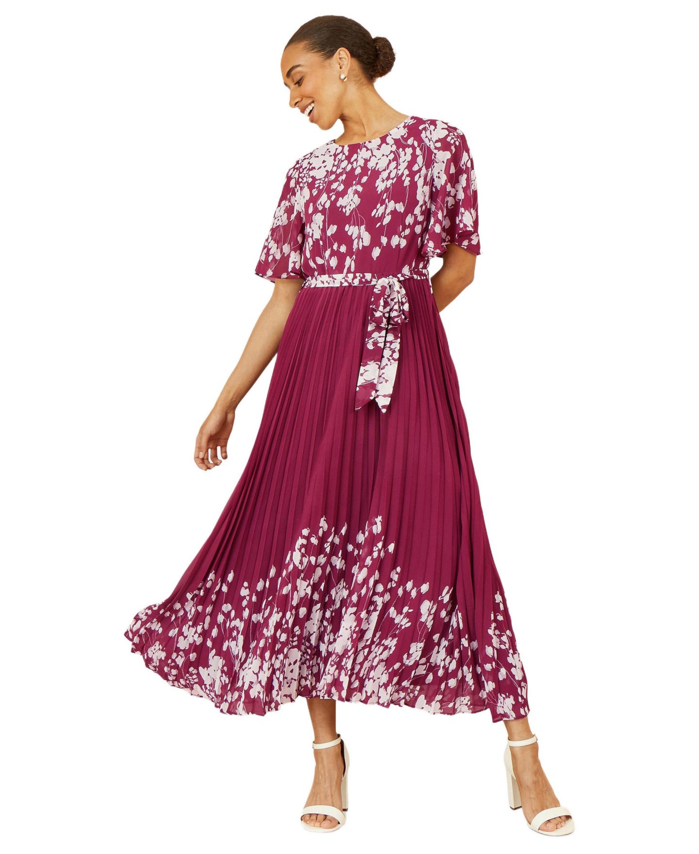 Женское платье Yumi Short Sleeve Pleated Midi, цвет: Бордовый — фото 1