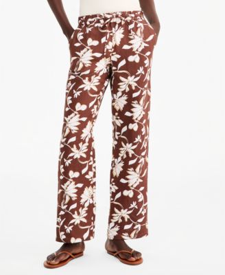 Petite Floral-Print Wide-Leg Drawstring Linen Pants