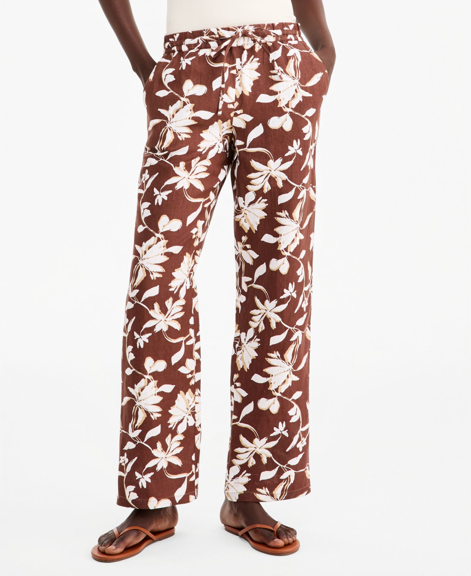 Petite Floral-Print Wide-Leg Drawstring Linen Pants