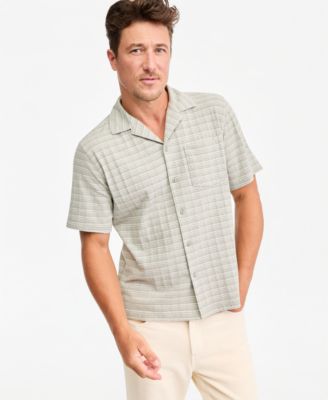 Men's Short-Sleeve Stripe Texture Pocket Camp Shirt