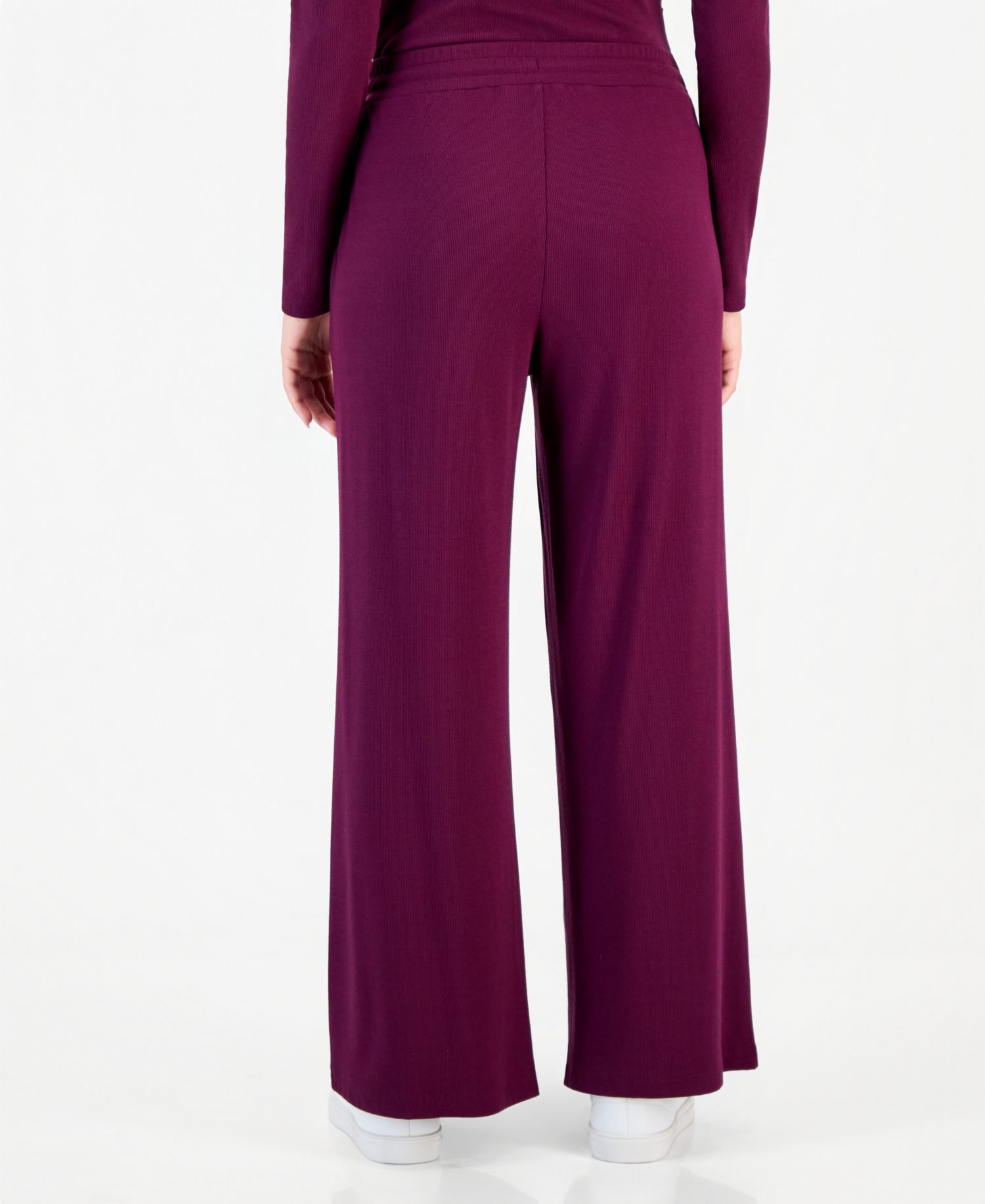 Petite Ribbed Knit High Rise Drawstring Wide-Leg Pants
