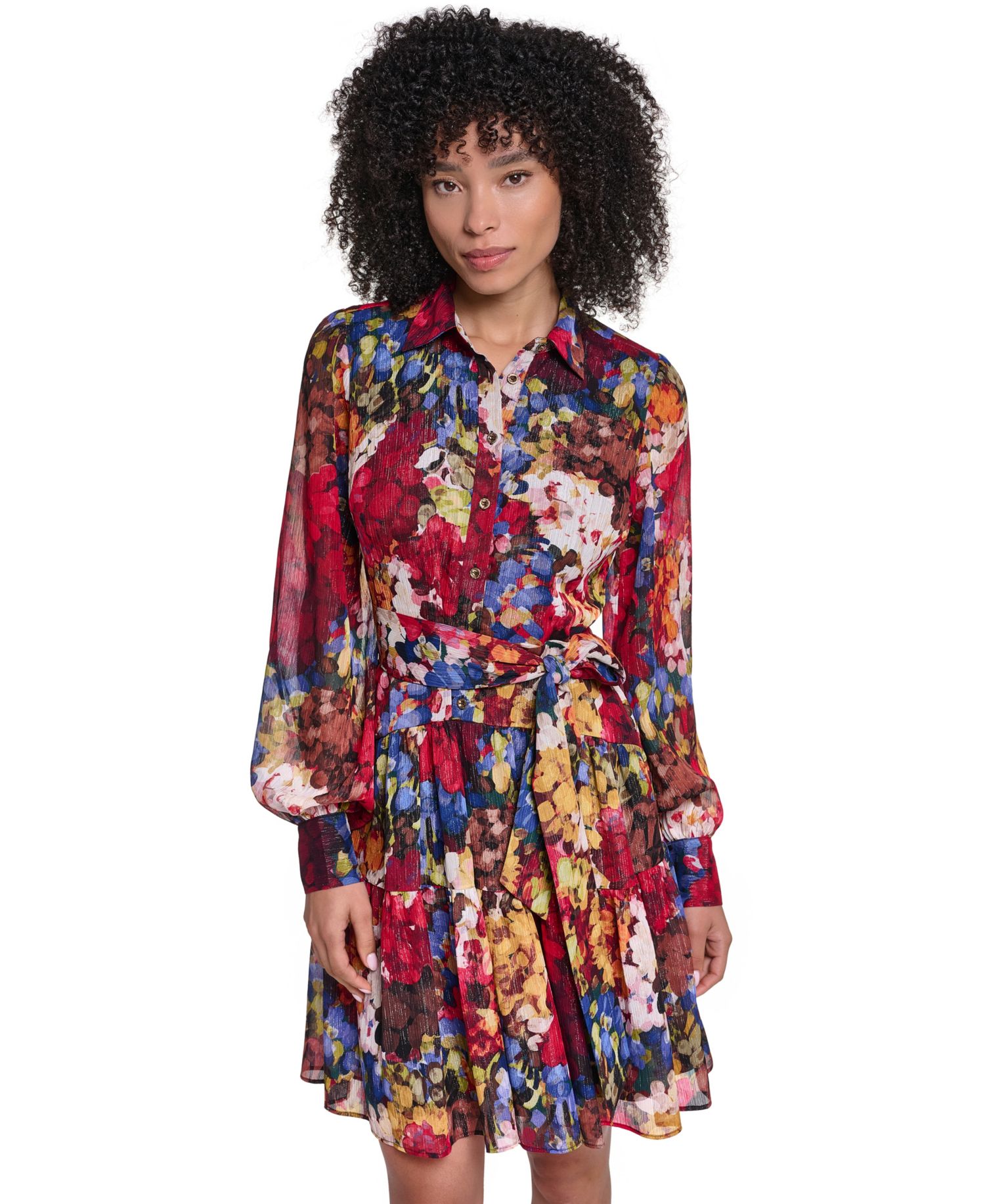 Women's Printed Metallic Chiffon Shirtdress