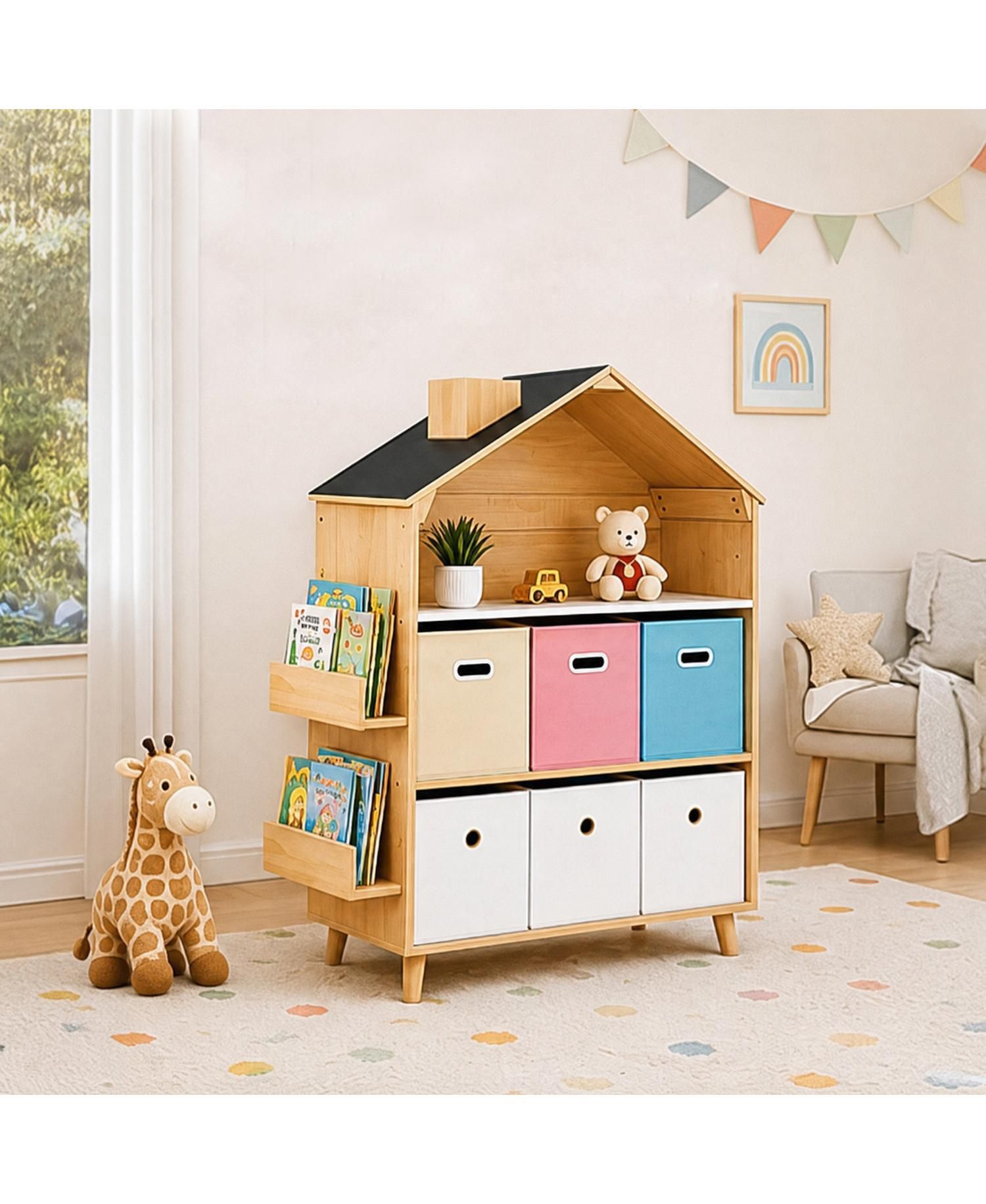 House-Style Kids Storage Cabinet, Multi-Bin Toy Organizer and Book Display Bookcase for Playrooms & Bedrooms